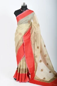 Cream Colour Dupion silk Banarasi saree