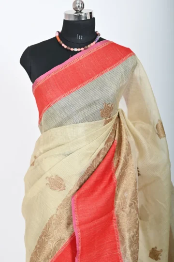 Cream Colour Dupion silk Banarasi saree