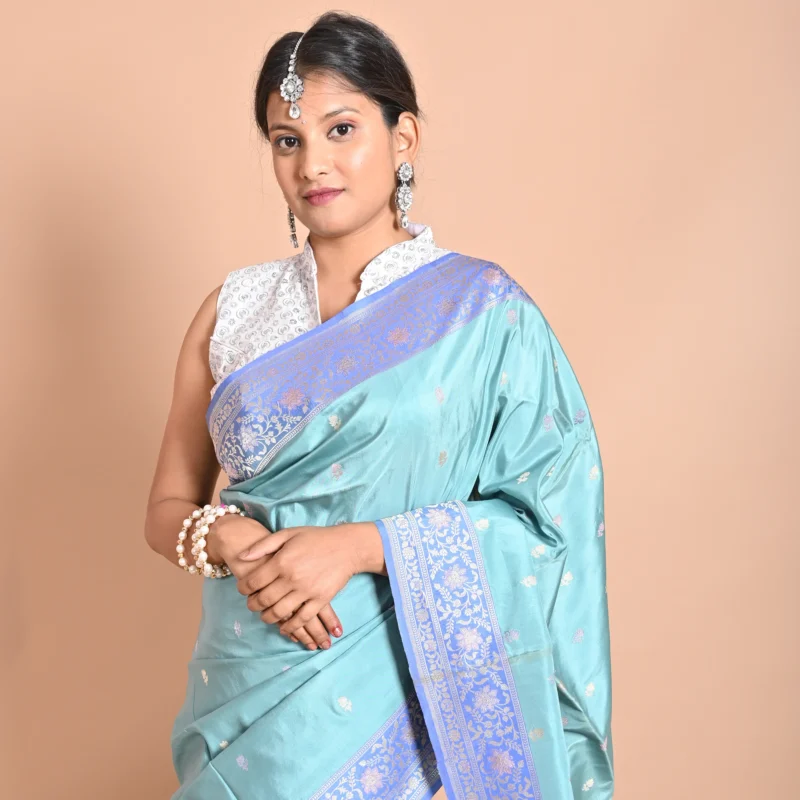 Light Firoze Pure Katan Silk Handwoven Banarasi Saree