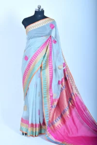 Grey Colour Dupioni Silk Handloom Banarasi Saree