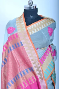 Grey Colour Dupioni Silk Handloom Banarasi Saree