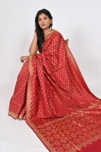 Red Jamdani Saree with All-Over Buti and Designer Border and Pallu