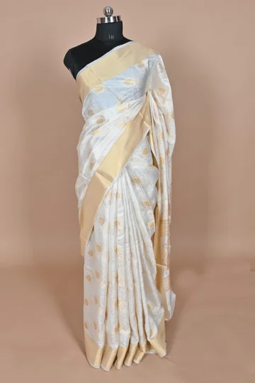 White Dupioni Silk Handloom Banarasi Saree