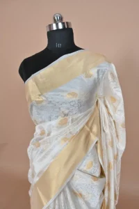 White Dupioni Silk Handloom Banarasi Saree