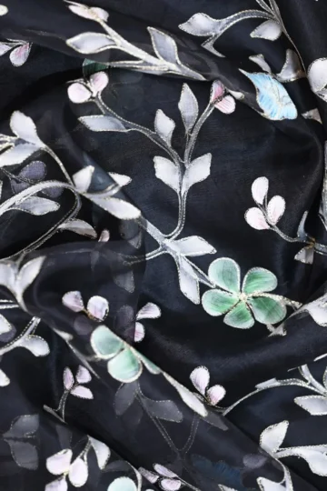 Black Kora Silk Floral Design Fabric