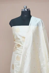 off white handwoven banarasi katan suit