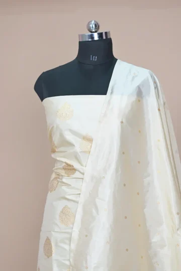 off white handwoven banarasi katan suit