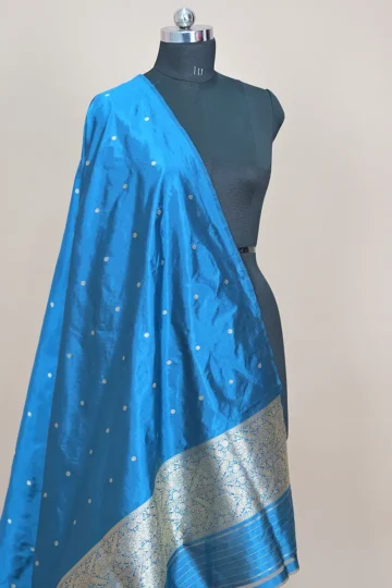 prussian blue handwoven katan silk banarasi suit