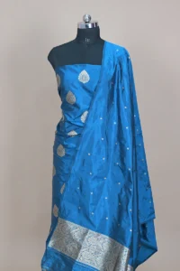 prussian blue handwoven katan silk banarasi suit