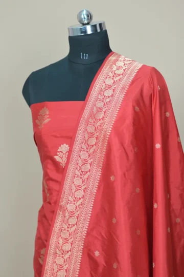 red handwoven banarasi katan suit