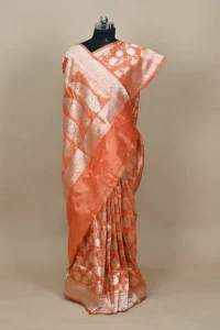 orange katan silk banarasi saree gold zari jaal motif