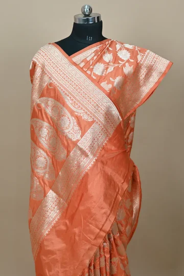 orange katan silk banarasi saree gold zari jaal motif