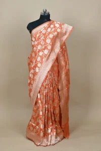 orange katan silk banarasi saree gold zari jaal motif