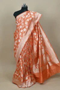 orange katan silk banarasi saree gold zari jaal motif