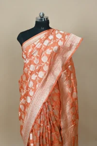 orange katan silk banarasi saree gold zari jaal motif