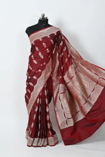 wine katan silk handwoven banarasi saree gold zari bootis designer border