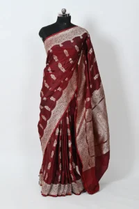 wine katan silk handwoven banarasi saree gold zari bootis designer border