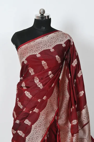 wine katan silk handwoven banarasi saree gold zari bootis designer border